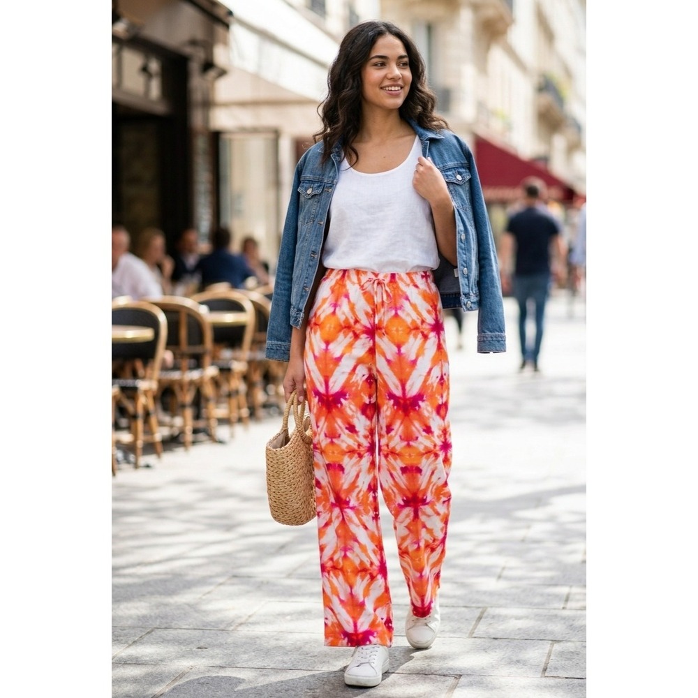 Calvin Klein Orange Pink Tie Dye Wide Leg Drawstring Pants Small Summer Beach